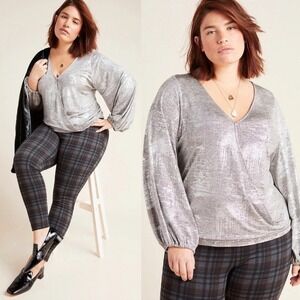 Anthropologie Carys Metallic Top Silver Shimmer Relaxed Fit Batwing Style 1XL